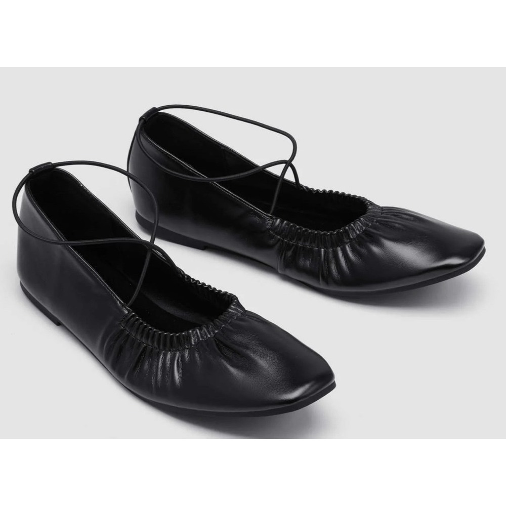 Cider Black Square Toe Ballet Flats Ankle Wrap Lace Up Ruched Shoes Size 40 NEW